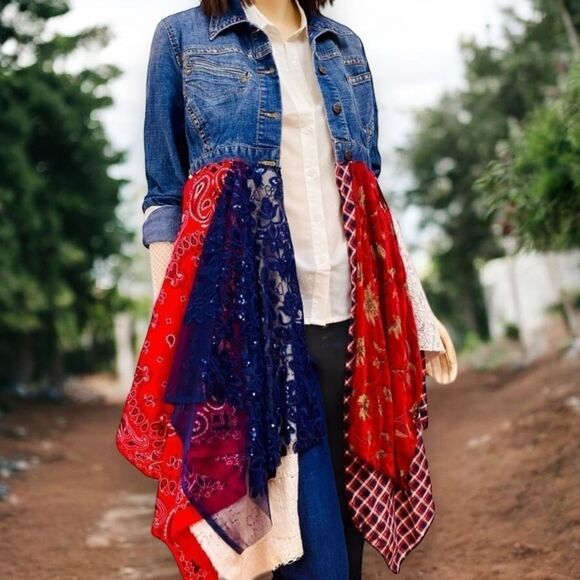 Boho Long Tiered Asymmetrical Hemline Long Colorful Lace Jean Jacket -NEW - Picture 2 of 4